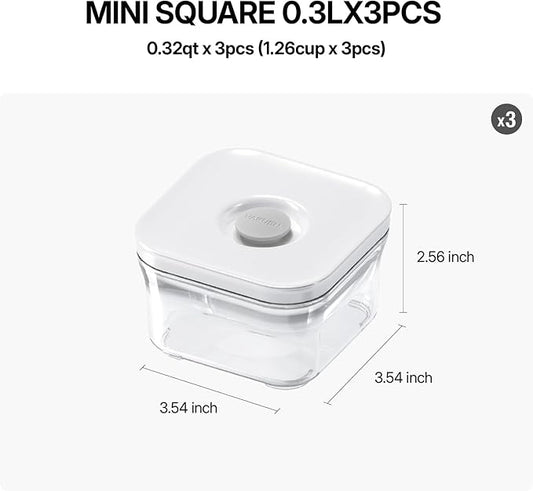 Premium Airtight Food Storage Containers, Mini Square 3pc/set(0.32qt), Smart One-Click Seal Lid, No Hinges, 100% Leak Proof, BPA-FREE, Dishwasher, Freezer & Microwave Safe