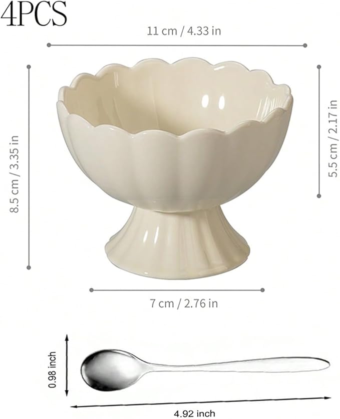 Ceramic Bowl Set of 4 Footed Dessert Bowls with Spoon, Elegant Trifle Bowl with Pedestal for Candy, Salad, Fruit, Tiramisu, Party Serving Punch Bowls