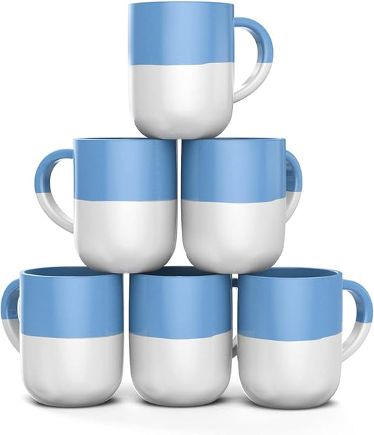 Set of 6 Large 16 Ounce Ceramic Coffee Mugs (White and Blue)