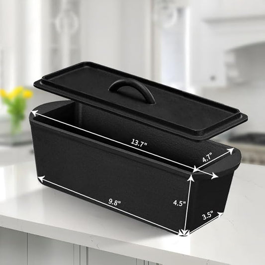 Cast Iron Bread Pan with Lid - 2LB Capacity (13x5 Inch) Large Pullman Loaf Pan for Homemade Bread - Non-Stick,Dual Handle, Pre-Seasoned, Rust-Resistant (Black-Cast Iron)
