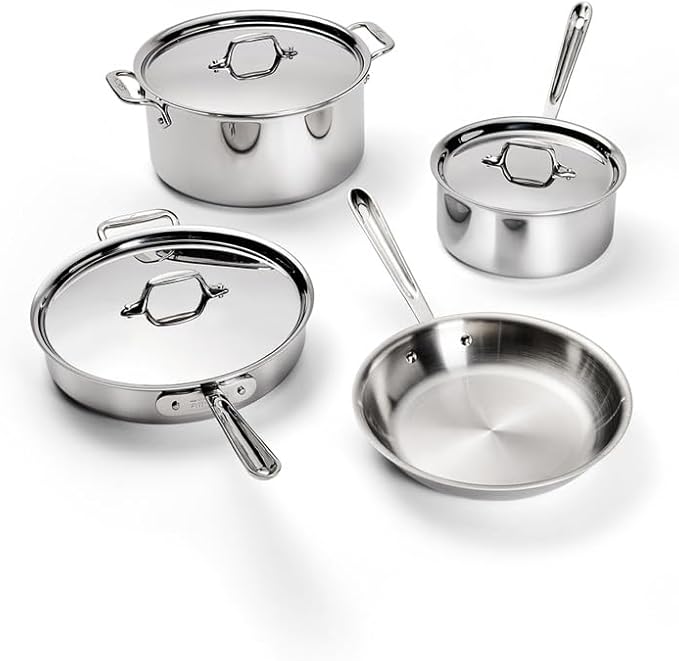 All-Clad D3 3-Ply Stainless Steel Cookware Set β 7-Piece Pots and Pans Set, Induction, Oven Broiler Safe 600F - Includes Frying Pans, Saucepans, SautΓ© Pan, Stockpot, Professional Cookware β Silver