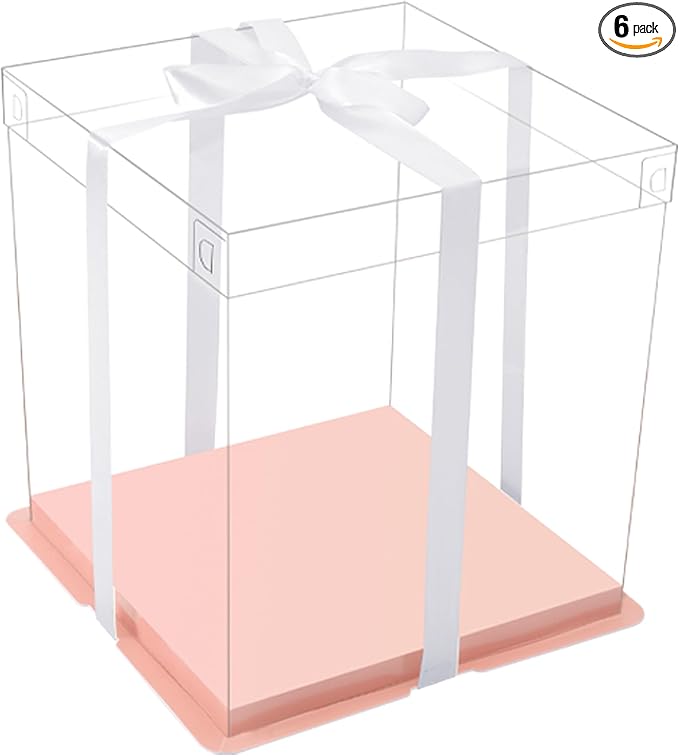 XININSUN 14x14x12inch clear cake box with ribbon,12inch14inch tall cake boxes for tiered cakes,layer cake carrier,disposable cake containers,ideal for wedding birthday party and gift display-Pink