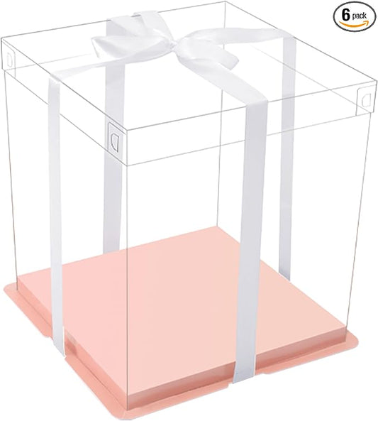 XININSUN 14x14x12inch clear cake box with ribbon,12inch14inch tall cake boxes for tiered cakes,layer cake carrier,disposable cake containers,ideal for wedding birthday party and gift display-Pink