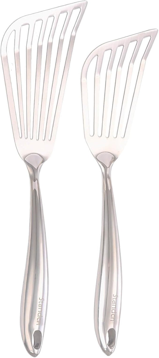 18/10 Stainless Steel Fish Spatula Set – 2 PCS All Metal Fish Spatula Turner, Shining Slotted Spatulas Set for Kitchen Use, Mirror Polished, Heavy-duty, Dishwasher Safe