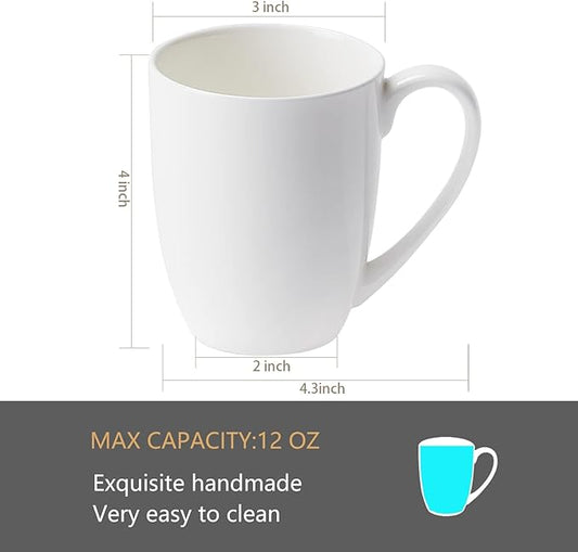12 oz Fine Bone China Coffee Mugs Set of 6, Over 45% Bone Content White Mugs, Durable Porcelain Coffee Mugs Sets, White Ceramic Lightweight Tea Milk Cups, Microwave & Dishwasher Safe