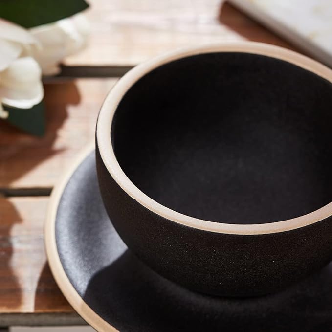 Vintage Design 12 oz Ceramic Latte Art Cappuccino Barista Cup with Saucer (Rough Black)