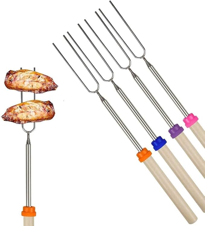 12 Pcs Marshmallow Roasting Sticks, BetterJonny 31cm - 82cm Long Extendable Fork Smores Sticks with Wooden Handle Stainless Steel Forks BBQ Tools with Black Storage Bag for Barbecue, Camping, Campfire