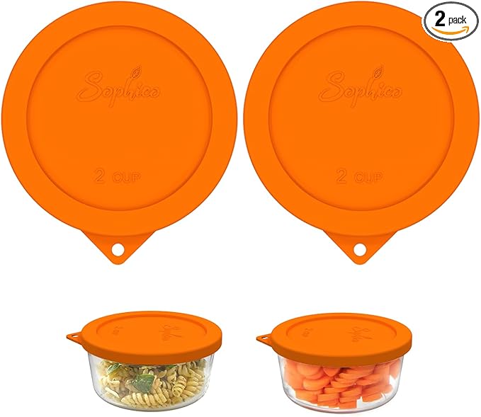 Sophico 2 Cup Round Silicone Storage Cover Lids Replacement for Anchor Hocking and Pyrex 7200-PC Glass Bowls (Container not Included) | Orange, 2 Pack |