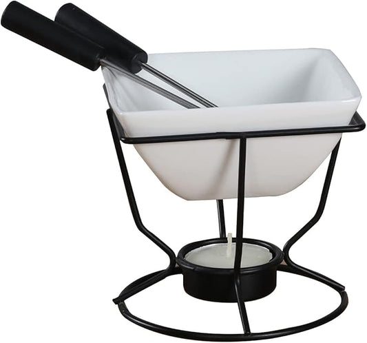 Ceramic Butter Warmers Personal Seafood Fondue Set with Shelf Candle Two Forks, Used for Melted Sauce Keeps Heat, 10.2 * 10cm