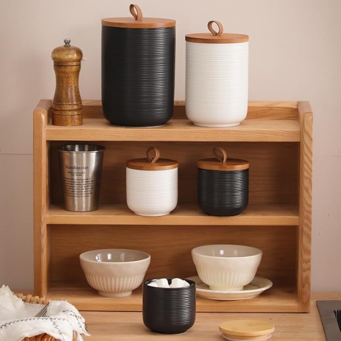 Comeon Ceramics Canister with Lid, Matcha Container Jar for Spice Sugar Tea Bag Coffee Canister Sets for Kitchen Counter with Bamboo Lid (White three-piece suit)