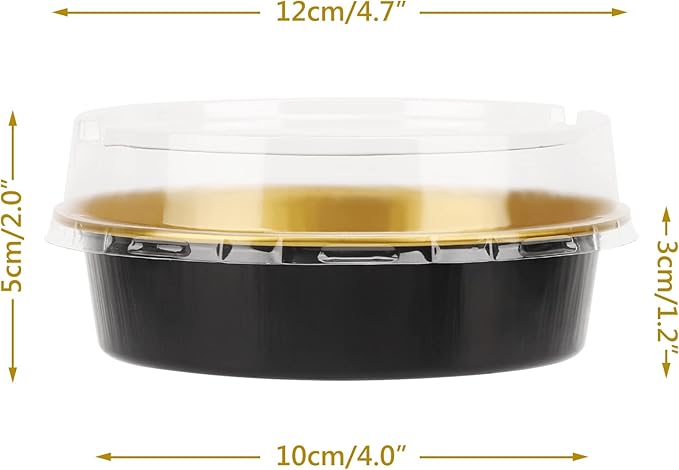 Beasea Aluminum Cupcake Pans With Lids, 4 Inch 100 Pack Disposable Pie Pans For Cake, 8 Oz Aluminum Pie Pan Tin Black Golden Tart Pans Round Oven Baking Mini Cake Pan For Pie Tart Quiche