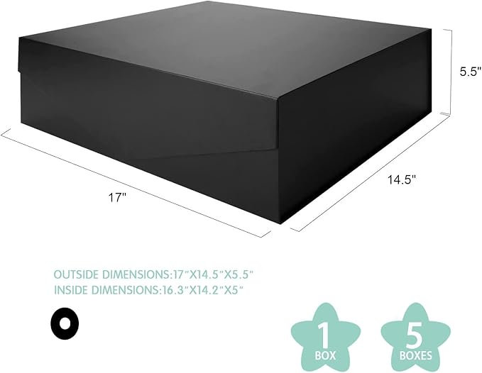 5 Extra Large Gift Boxes with Lids, 16.3x14.2x5 Inches, Black Groomsmen Magnetic Gift Boxes for Clothes and Large Gifts (Matte Black)