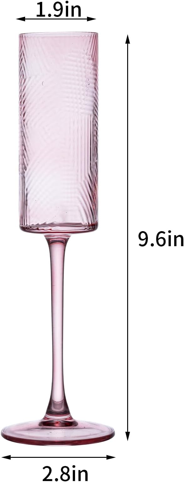 12 Pieces Pink Champagne Flutes,6 OZ Twill Pattern Striped Vintage Stem Glasses Stemware Wine Glasses Champagne Long Stem Drinking Colored Glasses Goblets for Wedding Cocktail Cups,Cava, Prosecco