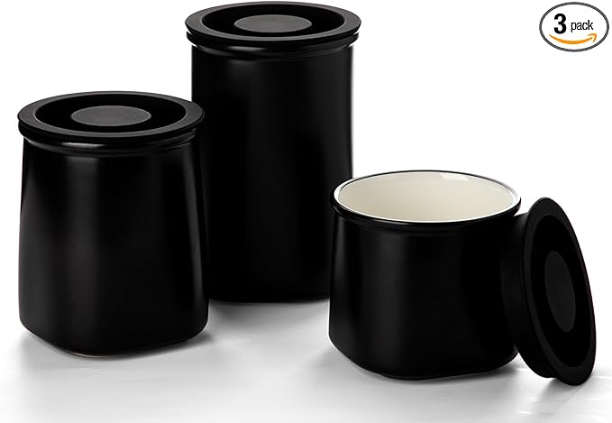 Nucookery Canisters Sets for the Kitchen Countertop, 3 Pcs Ceramic Jar with Silicone Lid, 40oz, 30oz, 20oz Food Storage Containers for Flour, Sugar, Coffee, Grains,Tea, Cookies, Dry Food Organization