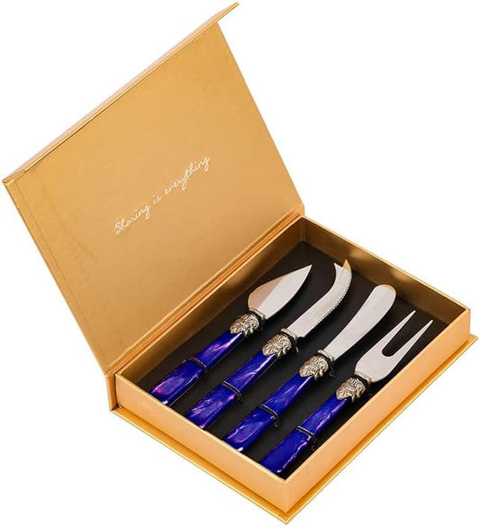 4-Piece Cheese Knive Set With Gift Box Stainless Steel Knife With Pearl Handle,Suitable For Parties And Festivalsfor Charcuterie Boards Accessories (Blue)