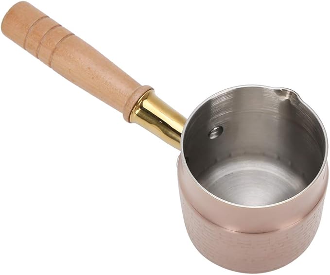 330ml Gold Stainless Steel Milk Pot With Wooden Handle - Flat Bottom Butter Melting Pan, Mini Sauce Warmer for Coffee and Chocolate