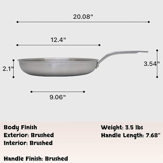 12-Inch 5-Ply Stainless Steel Frying Pan, Chef's Skillet, Induction Ready, Stay-Cool Handle Design