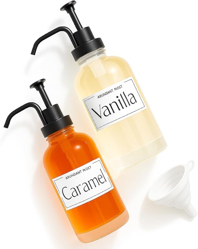 Coffee Syrup Dispensers, Set of 2, Coffee Syrup Bottles with Pump and Labels, 500 ml, Espresso Bar Accessories, Glass Bottles with Pump, Black Upgraded Dispenser, 16.9 oz