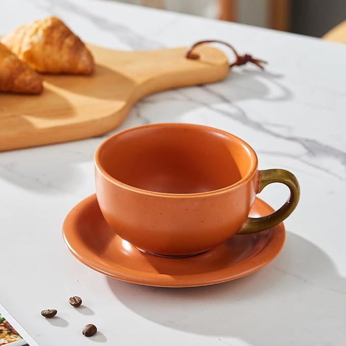 Vintage Design 12 oz Ceramic Latte Art Cappuccino Barista Cup with Saucer (Pumpkin Orange)
