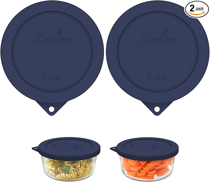 Sophico 2 Cup Round Silicone Storage Cover Lids Replacement for Anchor Hocking and Pyrex 7200-PC Glass Bowls (Container not Included) | Navy Blue, 2 Pack |