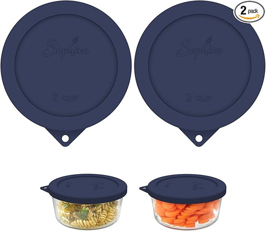 Sophico 2 Cup Round Silicone Storage Cover Lids Replacement for Anchor Hocking and Pyrex 7200-PC Glass Bowls (Container not Included) | Navy Blue, 2 Pack |