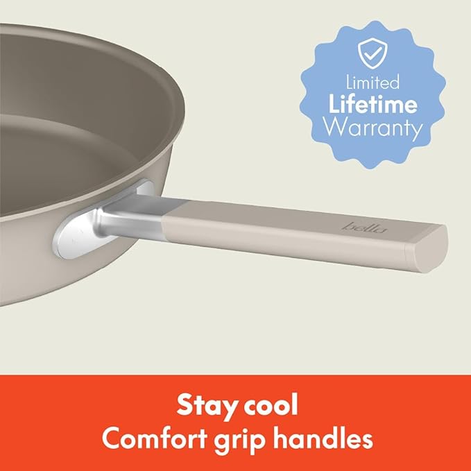 bella 9 Piece Ceramic Nonstick Cookware Set, Fits-anywhere™ Kitchenware w EverGood™ Coating, Dishwasher & Oven Safe, All Stovetops Compatible, Stackable Design, Cool Touch Handles, Oatmilk