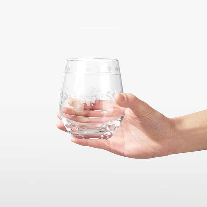 Royalrose Premium Delight Vintage Red Wine Glasses Set of 4, 15.7 oz – Hand-Blown with Etched, Classic Glassware for Weddings, Dinners, and Holiday Gifting (Stemless Wine Glasses)