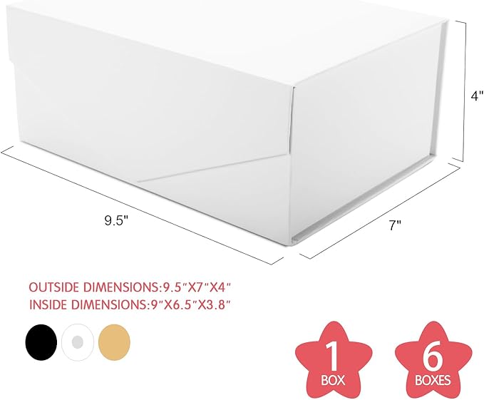 6 White Gift Boxes with Lids for Presents, Magnetic Closure Rectangle Collapsible Gift Boxes, Bridesmaids Proposal Boxes, Wedding, Birthday Gift Packaging (9x6.5x3.8 Inches)