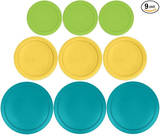 1, 2 & 4 Cup Spring Green, Yellow, Turquoise Replacement Lids/Covers for Pyrex, Anchor Hocking & KlareWare Storage Bowls *Lids Only Glass Container Not Included* (9 Pack *Three of Each Size*)