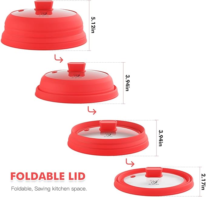 Microwave Splatter Cover Glass Splatter Guard Lid with Collapsible Silicone for Food Pot Plate Cover 10.8 inch Red