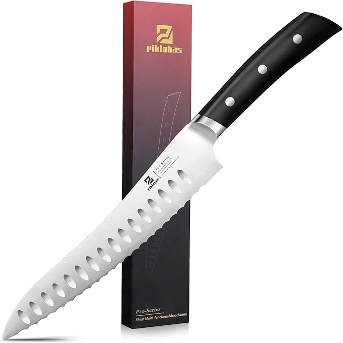 Resharpenable Bread Knife, 8 Inch Multifunction Serrated Knife, German HC Stainless Steel Bread Cutting Knife with Innovative Wavy Edge for Efficient Slicing, Razor Sharp for Homemade Bread