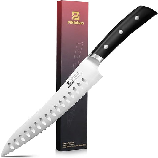 Resharpenable Bread Knife, 8 Inch Multifunction Serrated Knife, German HC Stainless Steel Bread Cutting Knife with Innovative Wavy Edge for Efficient Slicing, Razor Sharp for Homemade Bread