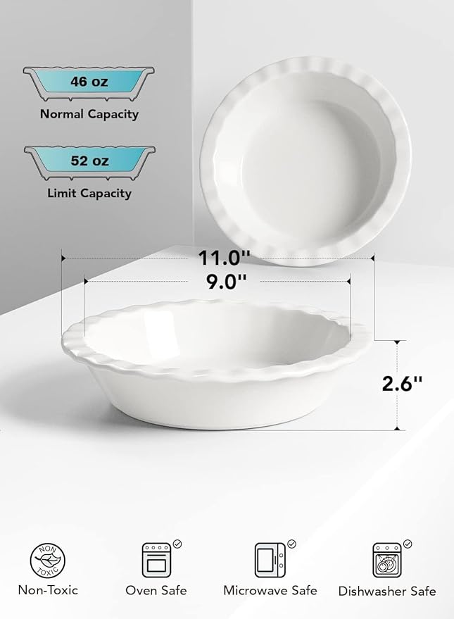 LE TAUCI Ceramic Pie Dish and Pie Weights Set, 9 Inches Deep Pie Pans for Baking, 52 OZ Round Fluted Pie Plates for Apple Pie, Quiche, Pot Pies, Tart – Set of 2, Classic White
