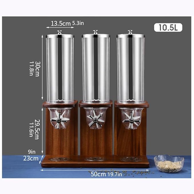 10.5L Triple-Head Dry Food Dispenser- Countertop Cereal Storage with PC Barrel & Wooden Base | Ideal for Rice, Candy, Beans & Nuts