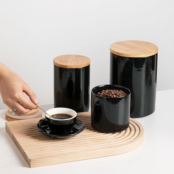 Sweejar Ceramic canisters for kitchen counter,Stackable Food Containers Set with Airtight Seal Bamboo Lid for Serving Ground Coffee, Tea, Spice, Flour and Sugar-Set of 3 (Black)