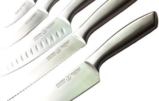 Kitchen Knife Set of 5 Piece | Satin Finish Blade with Hollow Handle | Includes 3.5" Paring, 5" Utility, 7" Santoku, 8" Bread, 8" Chef Knives