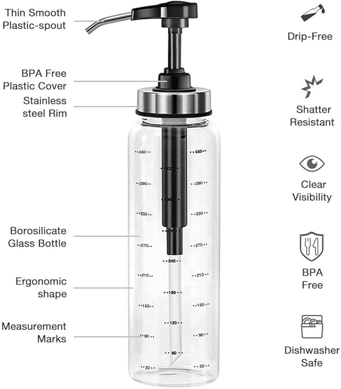 Condiment Press Bottles, Coffee Syrup Pump Dispenser- No Drip, Glass Pump Dispenser 17 OZ, Dispenser Great for Ketchup, Salad, BBQ Sauce,Honey, Oyster Sauce, Oil.(2 Pack)