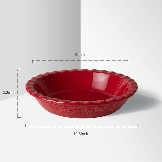 Fun Elements Pie Pan, 9 Inch Ceramic Pie Dish, Deep Dish Pie Pan with Lace Emboss, Ruffled Pie Plate for Baking, Thanksgiving Christmas Gifts(Christmas Red)