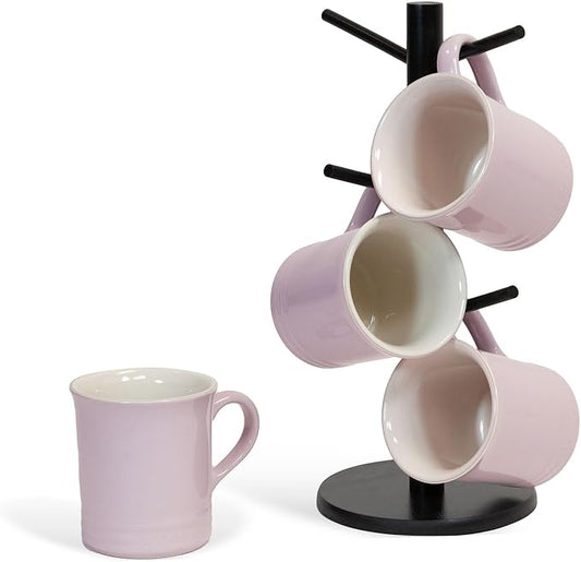 Le Creuset 14oz 4 Mug Set and divvi! 6-Cup Mug Tree Bundle - Shallot