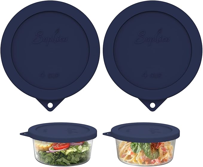 Sophico 4 Cup Round Silicone Storage Cover Lids Replacement for Anchor Hocking and Pyrex 7201-PC Glass Bowls (Container not Included) (Navy Blue-2 Pack)