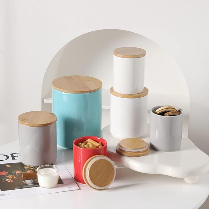 Sweejar Kitchen Canisters Ceramic Food Storage Jar Set, Stackable Containers with Airtight Seal Bamboo Lid for Serving Ground Coffee, Tea,Grains, Herbs,Sugar, Salt and More - Pack of 4(Gray)