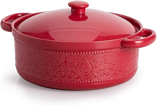 FUN ELEMENTS Casserole Dish, 2 Quart Lace Emboss Casserole Dish with Lid, Oven to Table Ceramic Round Serving Dish with Handles for Dinner and Party, Thanksgiving Christmas Gifts(Christmas Red)
