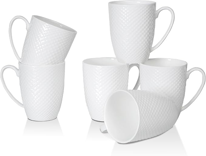 12 Oz Coffee Mugs Set of 6, Fine Bone China Mugs, White Ceramic Coffee Cups, Rhombus Relief Texture, Lightweight Tea Mugs for Latte, Hot Cocoa, Women, Men