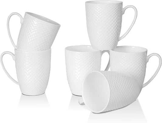 12 Oz Coffee Mugs Set of 6, Fine Bone China Mugs, White Ceramic Coffee Cups, Rhombus Relief Texture, Lightweight Tea Mugs for Latte, Hot Cocoa, Women, Men