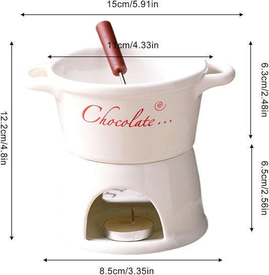 Chocolate Fondue Mug - 330 ml Ceramic Chocolate Melting Cup | Ceramic Personal Fondue Coffee Mug Warmer with Fork | Handmade Melting Butter Warmer for Appetizer Dessert Cheese (White)