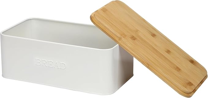 White Bread Box for Kitchen Countertop, Small Storage Container with Bamboo Lid, Modern Kitchen Organizer for Sourdough, Buns, and Loaves, Bread Storage with Cutting Board Lid