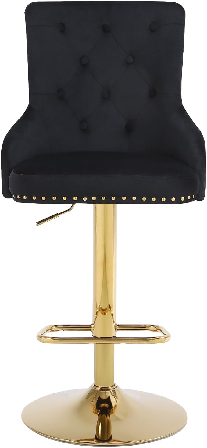 Velvet Gold Barstools Set of 2, Modern Counter Height Adjustable Swivel Stools Chairs with High Tufted Backrest Golden Base Lion Head Pull Ring Diamond Pattern Rivet Trim for Kitchen (Black)