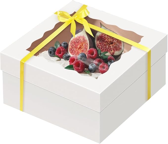 qiqee White 12x12x8 Cake Box, 4 Sets White Cake Box with Window & 4 Sets 12" White Cake Round Boards, 12inch Cake Containers