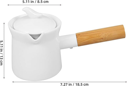 Ciieeo Enamel Milk Pot 350ml Mini Butter Warmer Non-stick Milk Heating Pot Small Enamelware Saucepan with Wood Handle and Lid for Heating Liquid Portions White