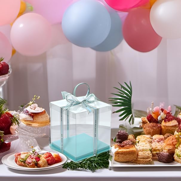 XININSUN 14x14x12inch clear cake box with ribbon,12inch14inch tall cake boxes for tiered cakes,layer cake carrier,disposable cake containers,ideal for wedding birthday party and gift display-Green